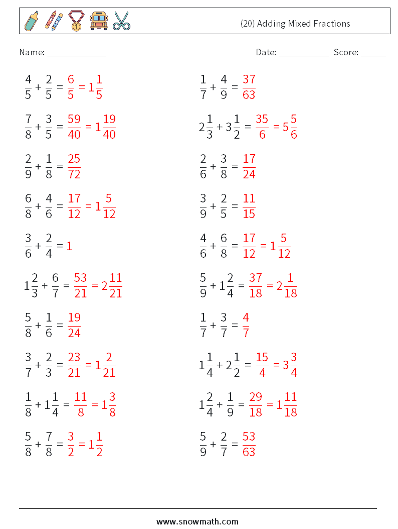 (20) Adding Mixed Fractions Math Worksheets 7 Question, Answer