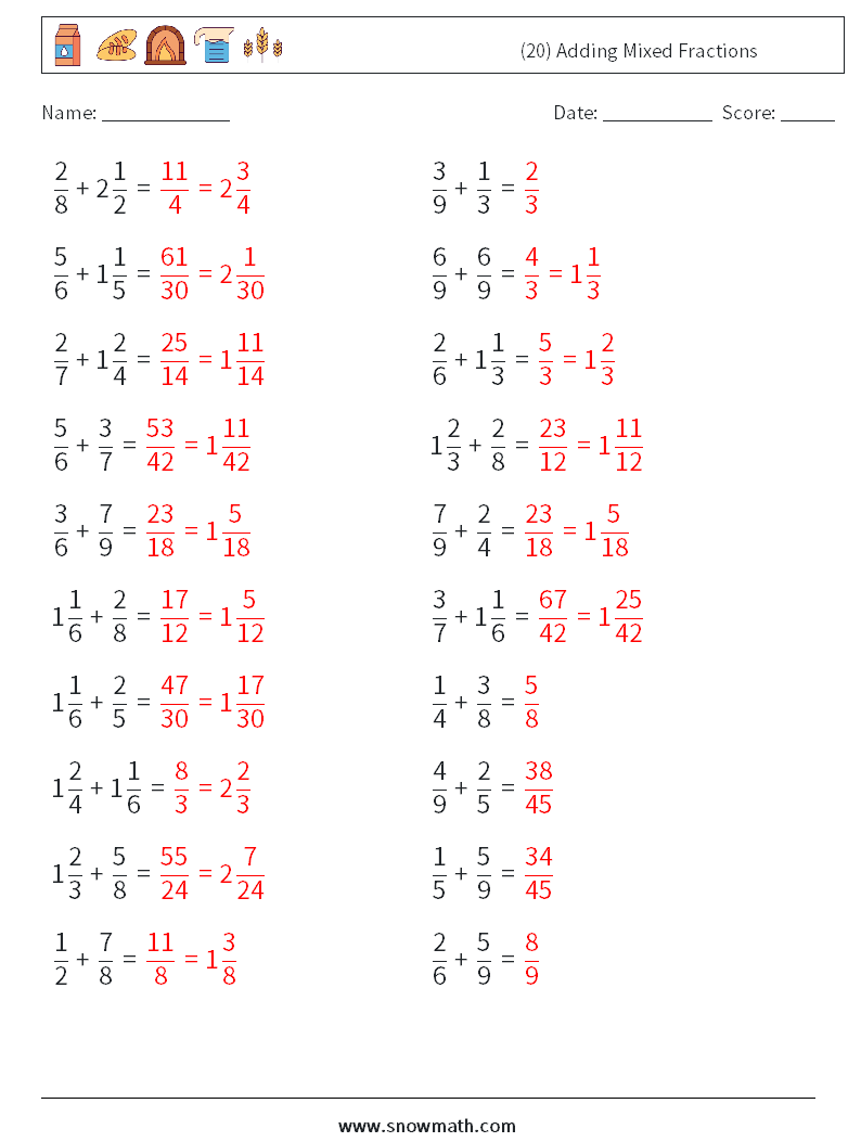 (20) Adding Mixed Fractions Math Worksheets 8 Question, Answer