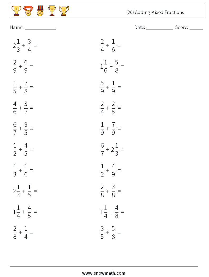 (20) Adding Mixed Fractions Math Worksheets 9