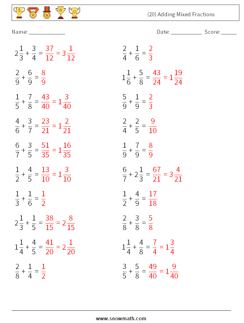 (20) Adding Mixed Fractions Math Worksheets 9 Question, Answer