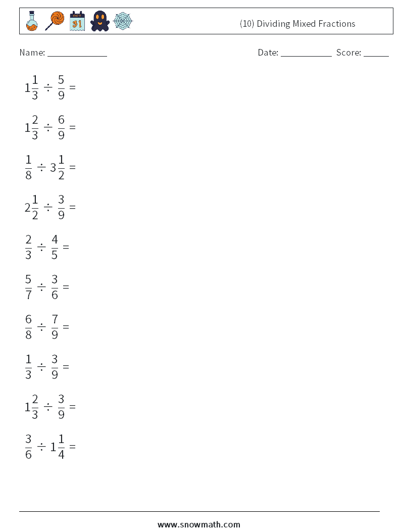 (10) Dividing Mixed Fractions Math Worksheets 1