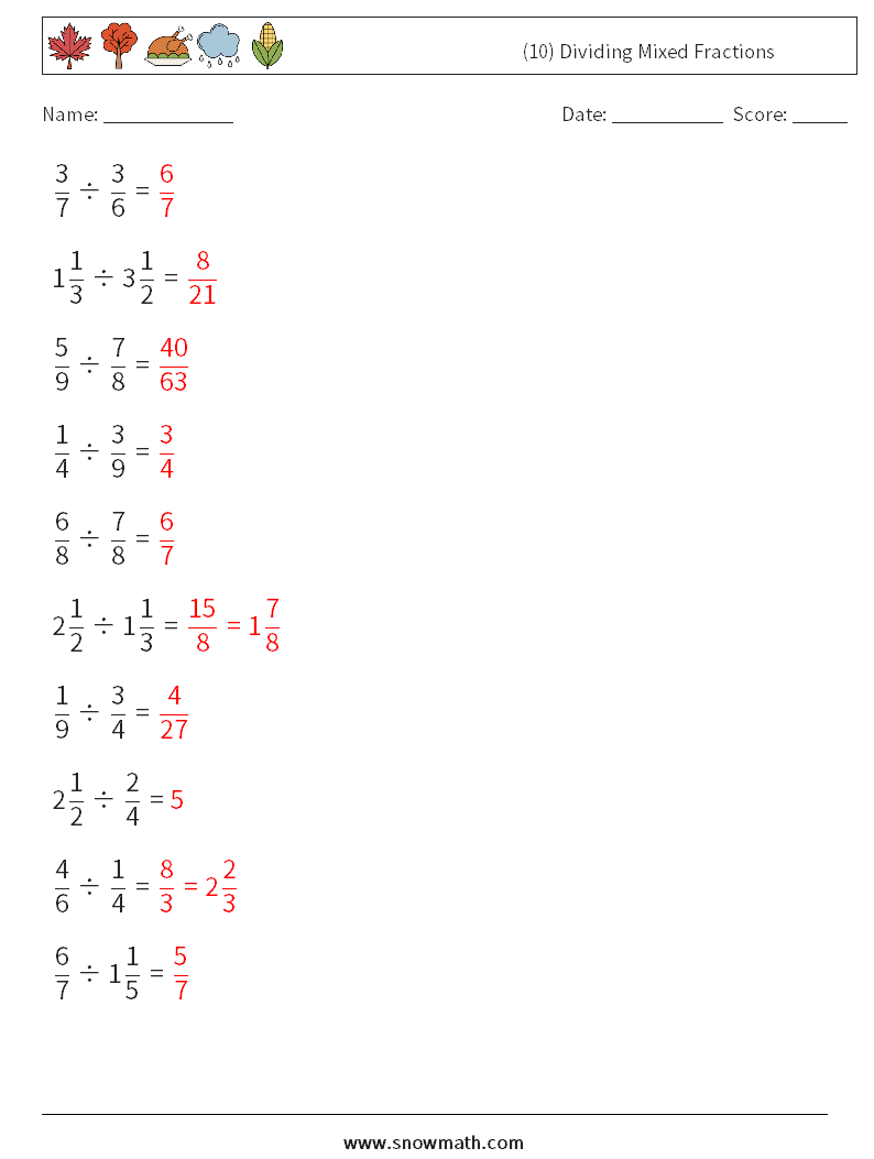 (10) Dividing Mixed Fractions Math Worksheets 10 Question, Answer