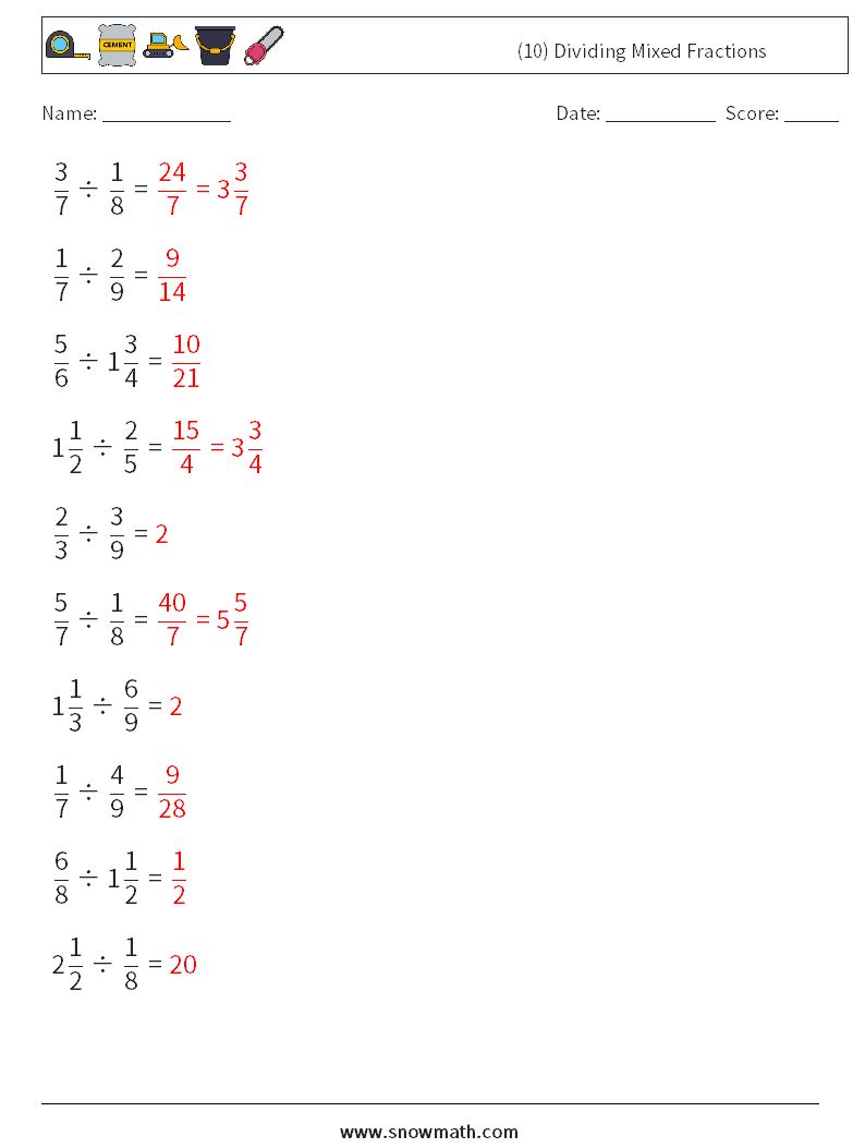 (10) Dividing Mixed Fractions Math Worksheets 11 Question, Answer