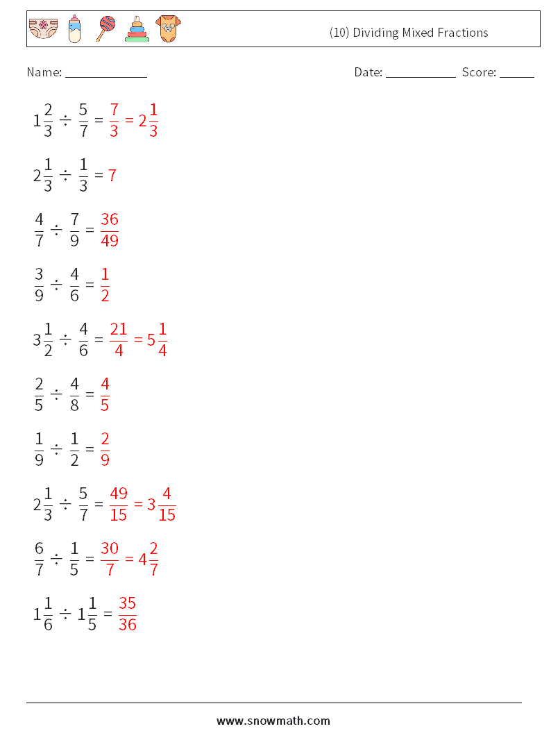 (10) Dividing Mixed Fractions Math Worksheets 12 Question, Answer