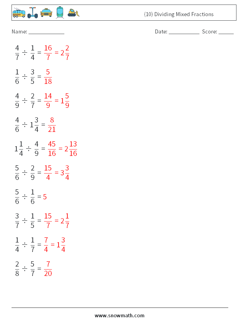 (10) Dividing Mixed Fractions Math Worksheets 13 Question, Answer