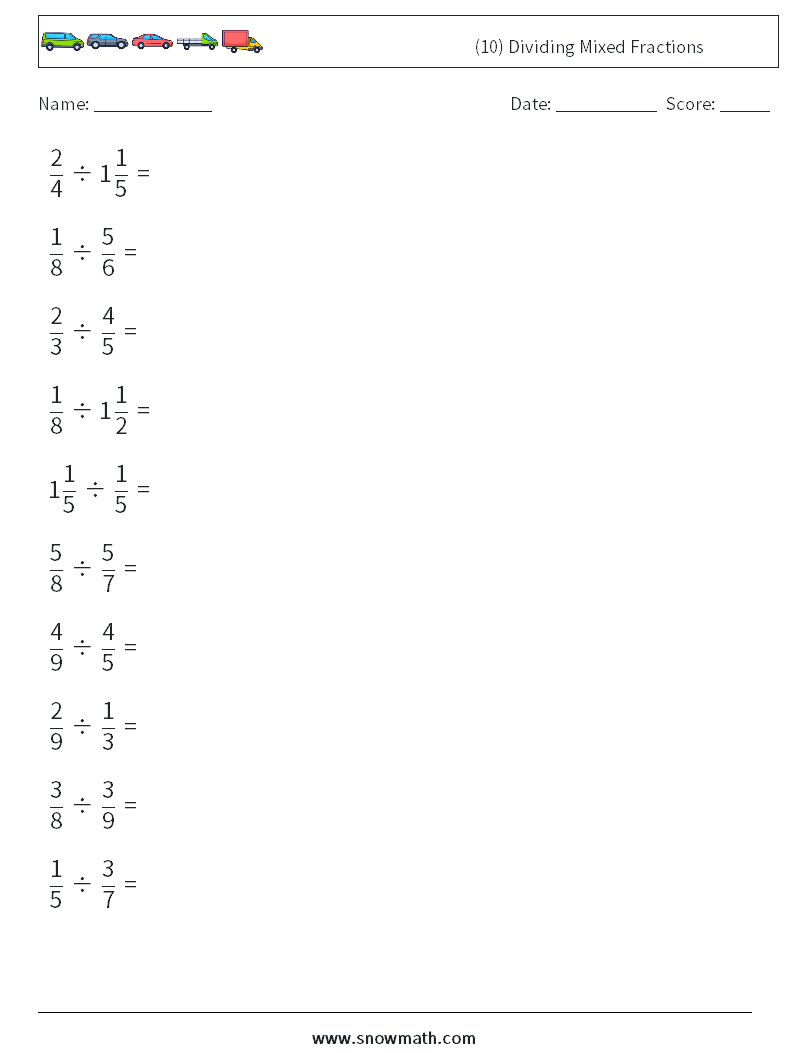 (10) Dividing Mixed Fractions Math Worksheets 15