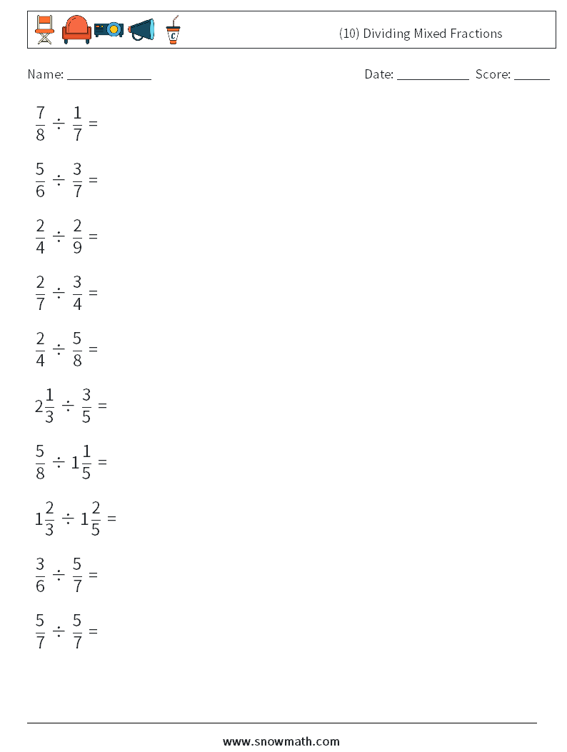 (10) Dividing Mixed Fractions Math Worksheets 16