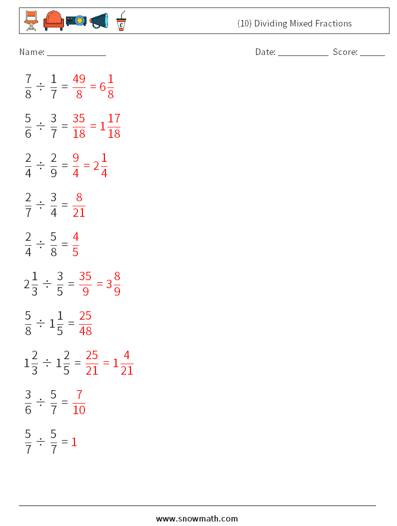 (10) Dividing Mixed Fractions Math Worksheets 16 Question, Answer
