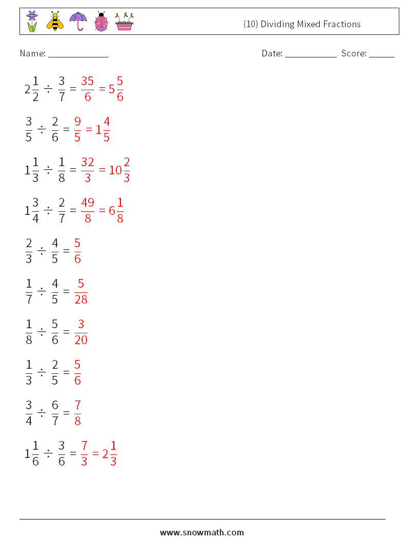 (10) Dividing Mixed Fractions Math Worksheets 17 Question, Answer