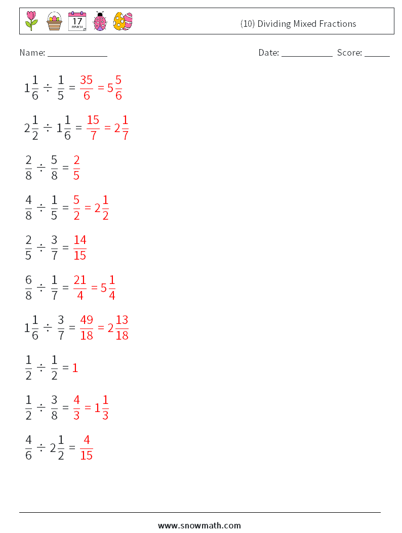 (10) Dividing Mixed Fractions Math Worksheets 18 Question, Answer