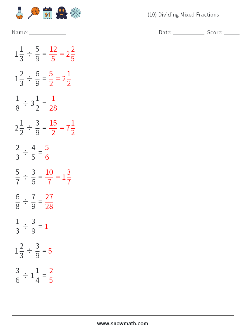(10) Dividing Mixed Fractions Math Worksheets 1 Question, Answer