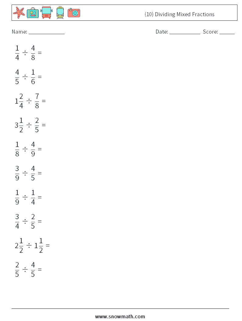 (10) Dividing Mixed Fractions Math Worksheets 2