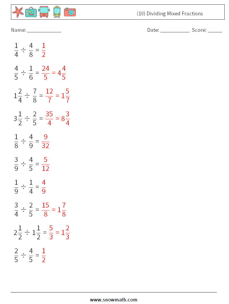 (10) Dividing Mixed Fractions Math Worksheets 2 Question, Answer