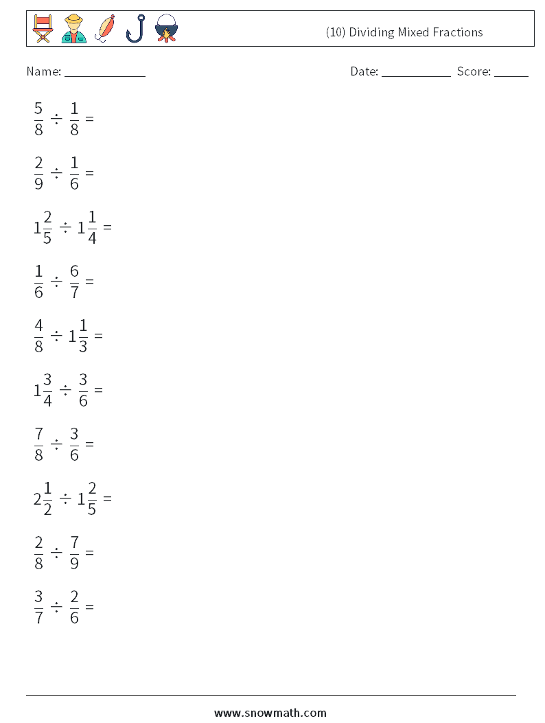 (10) Dividing Mixed Fractions Math Worksheets 3