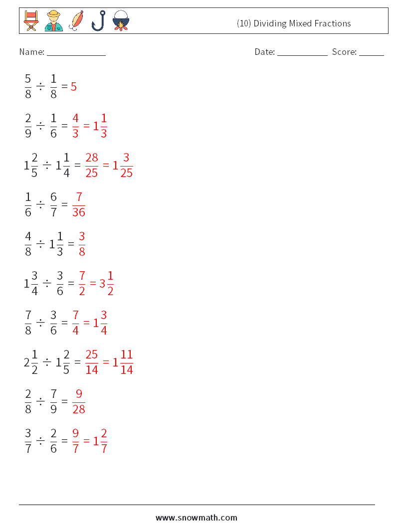 (10) Dividing Mixed Fractions Math Worksheets 3 Question, Answer