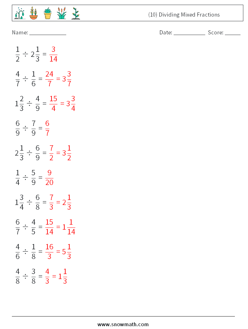 (10) Dividing Mixed Fractions Math Worksheets 4 Question, Answer