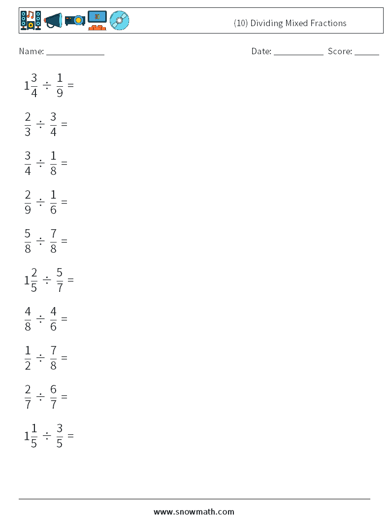 (10) Dividing Mixed Fractions Math Worksheets 5