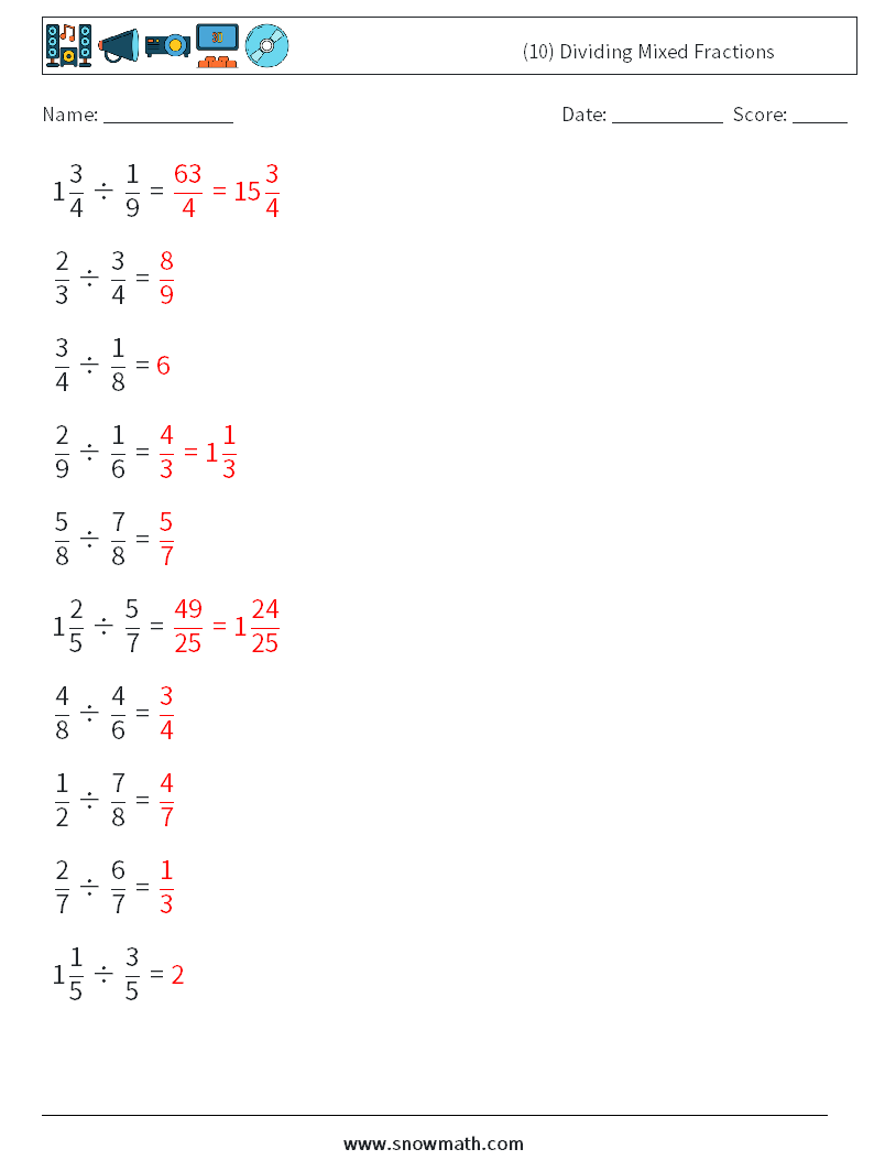 (10) Dividing Mixed Fractions Math Worksheets 5 Question, Answer