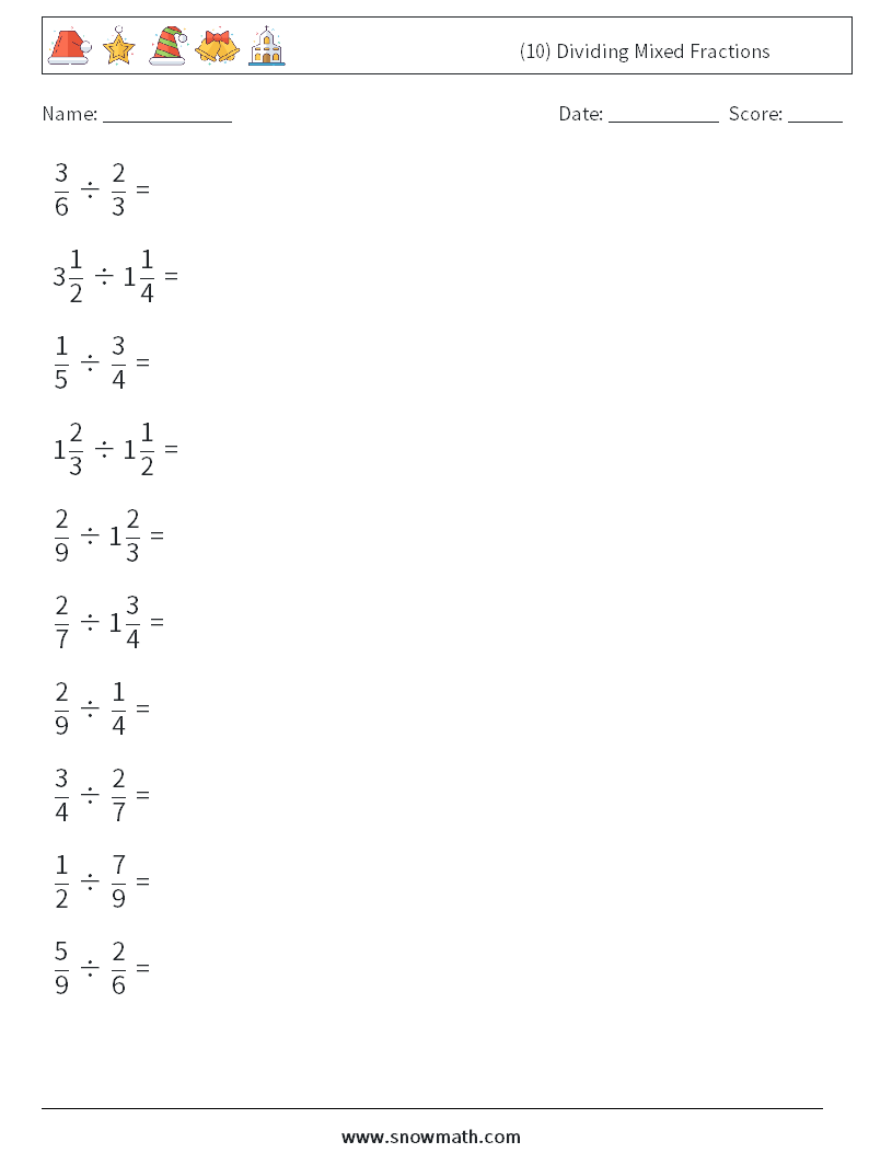 (10) Dividing Mixed Fractions Math Worksheets 6