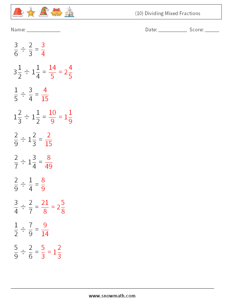 (10) Dividing Mixed Fractions Math Worksheets 6 Question, Answer
