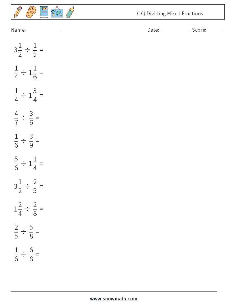 (10) Dividing Mixed Fractions Math Worksheets 7