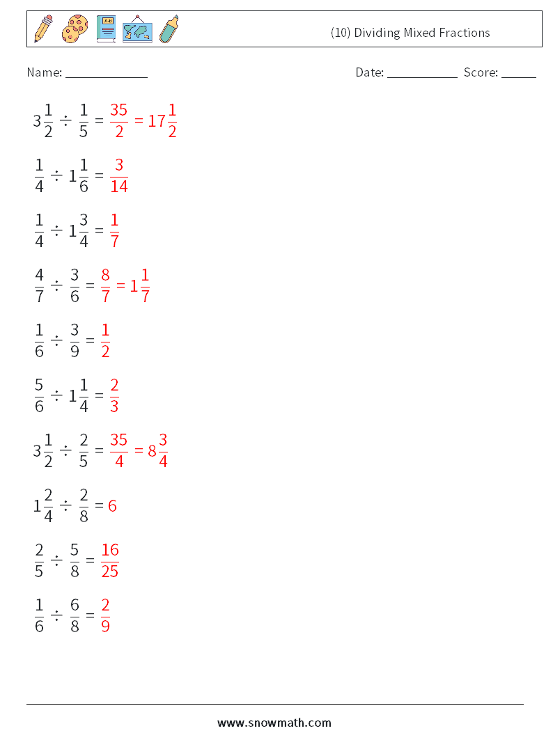 (10) Dividing Mixed Fractions Math Worksheets 7 Question, Answer
