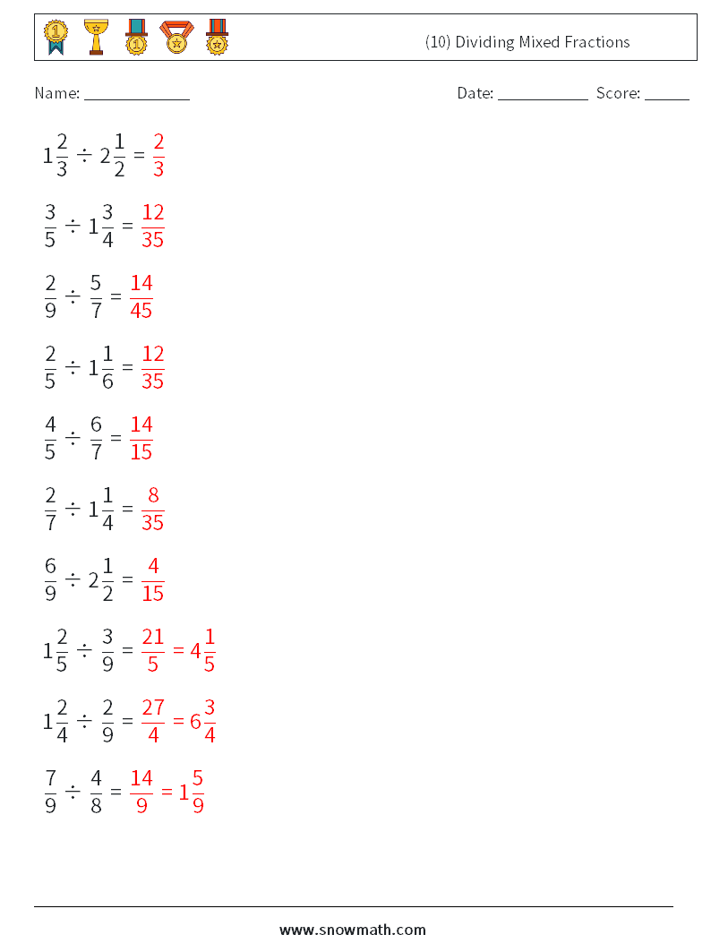 (10) Dividing Mixed Fractions Math Worksheets 8 Question, Answer