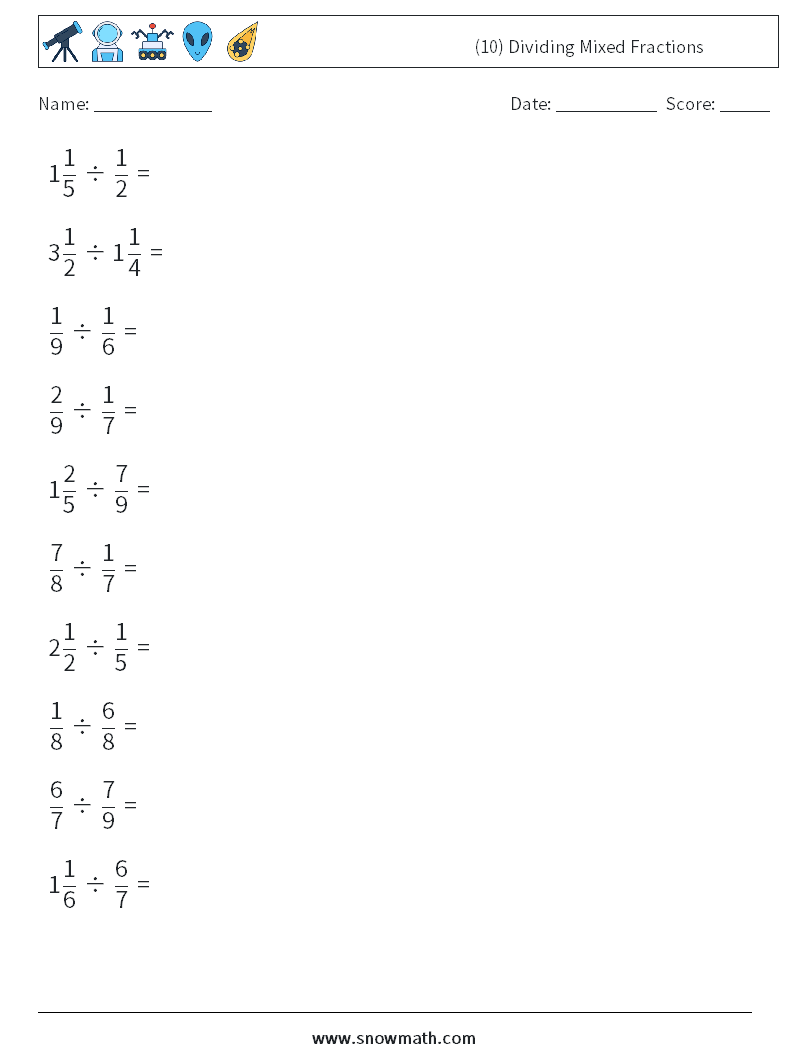 (10) Dividing Mixed Fractions Math Worksheets 9