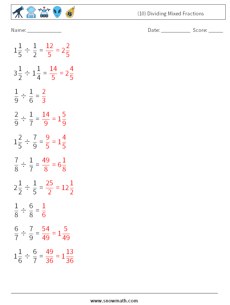 (10) Dividing Mixed Fractions Math Worksheets 9 Question, Answer