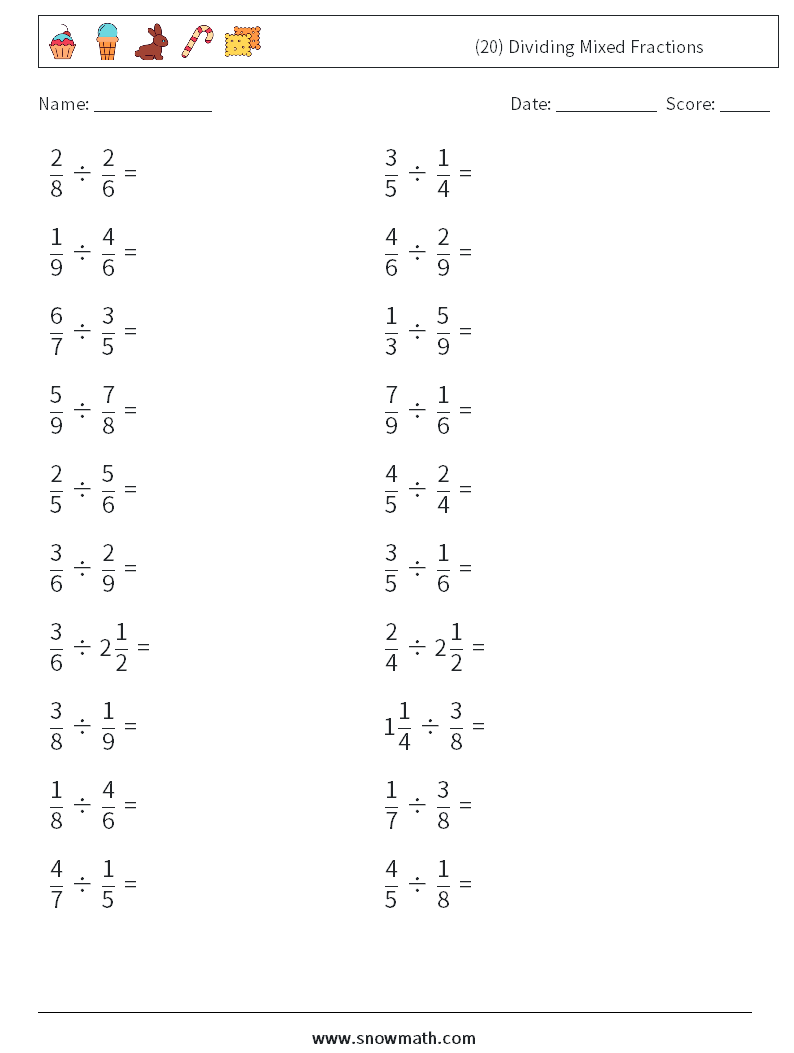 (20) Dividing Mixed Fractions Math Worksheets 1