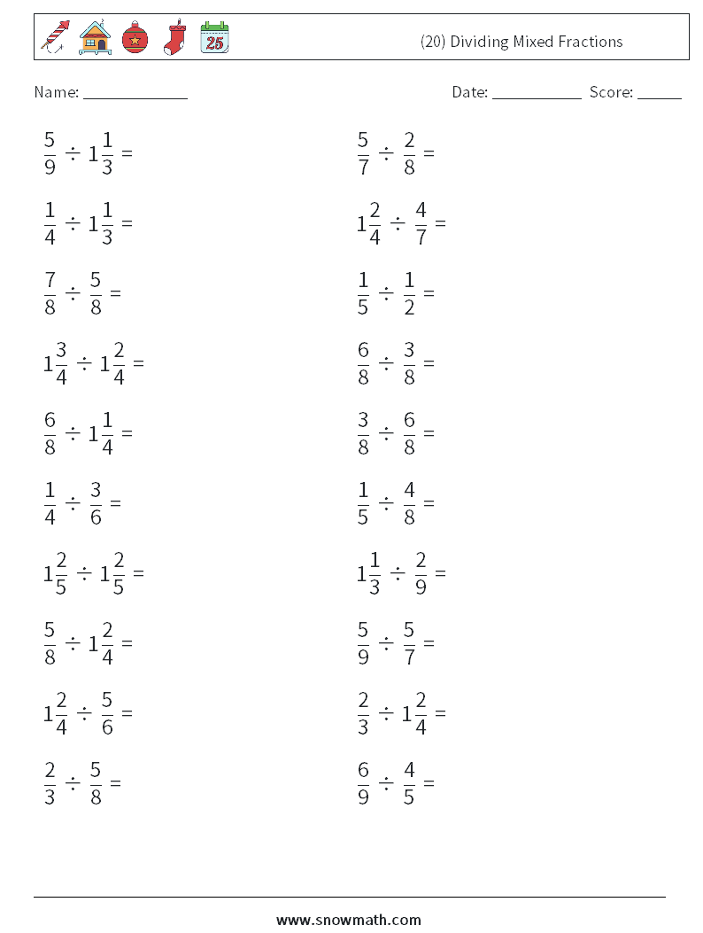 (20) Dividing Mixed Fractions Math Worksheets 10