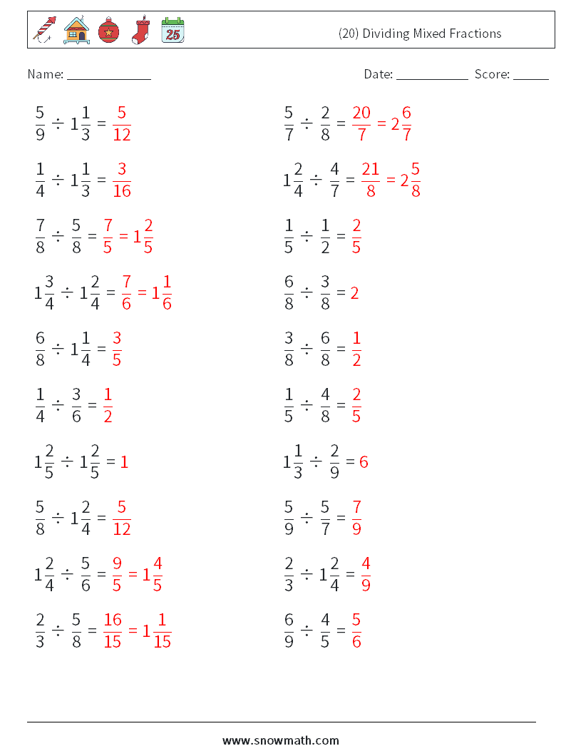 (20) Dividing Mixed Fractions Math Worksheets 10 Question, Answer