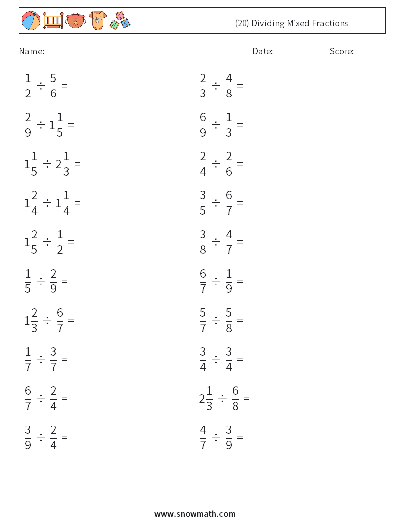 (20) Dividing Mixed Fractions Math Worksheets 11