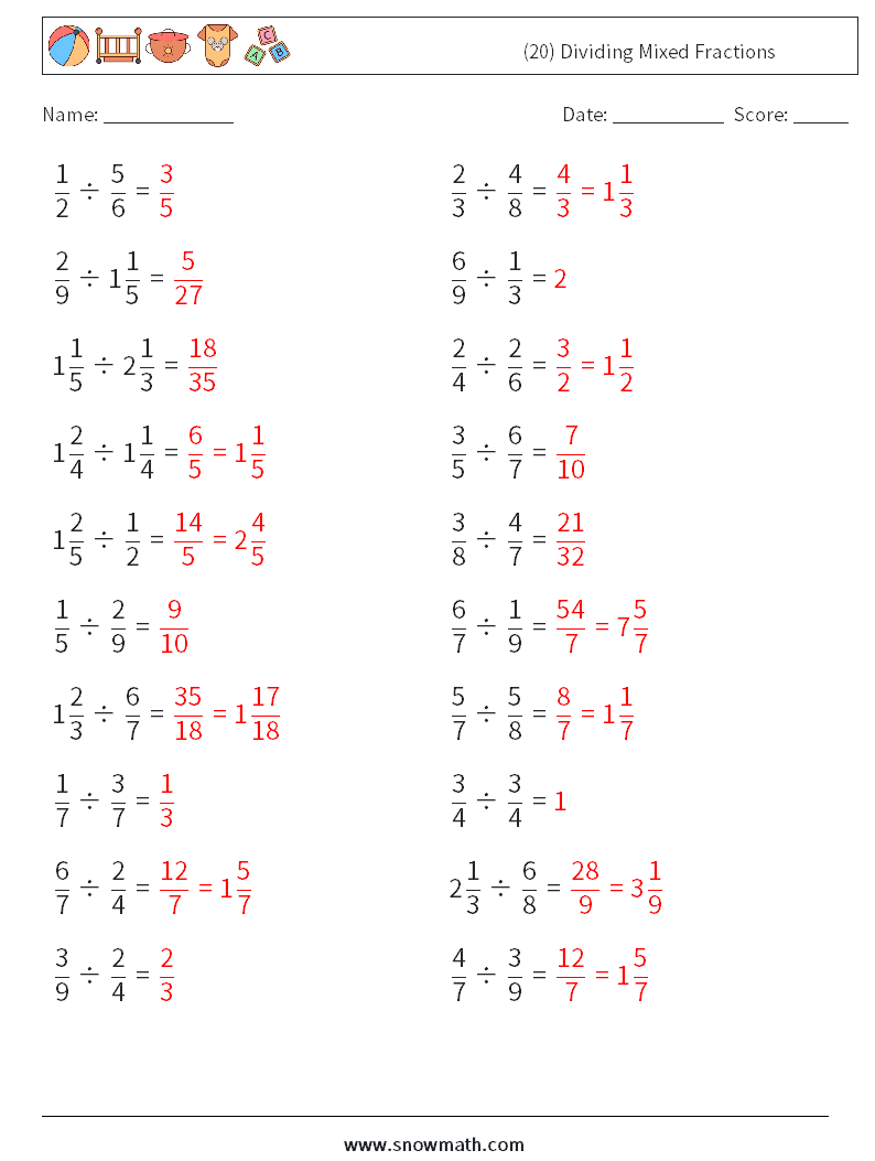 (20) Dividing Mixed Fractions Math Worksheets 11 Question, Answer
