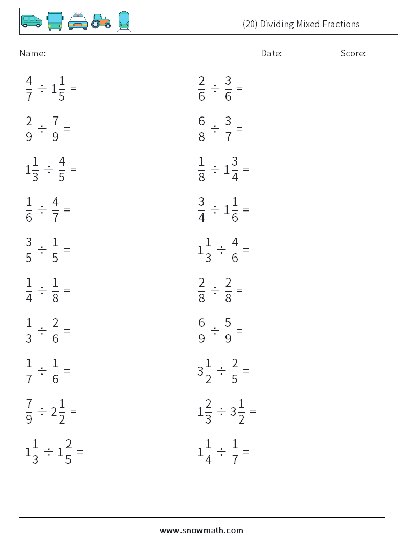 (20) Dividing Mixed Fractions Math Worksheets 12