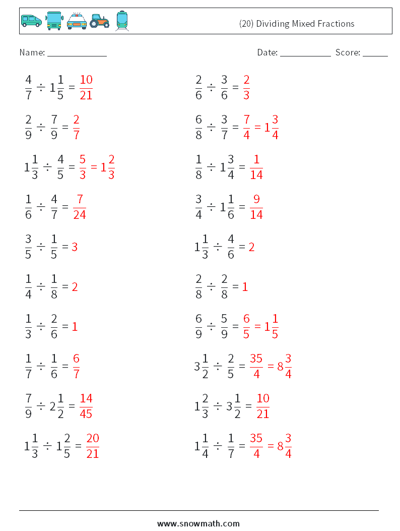 (20) Dividing Mixed Fractions Math Worksheets 12 Question, Answer