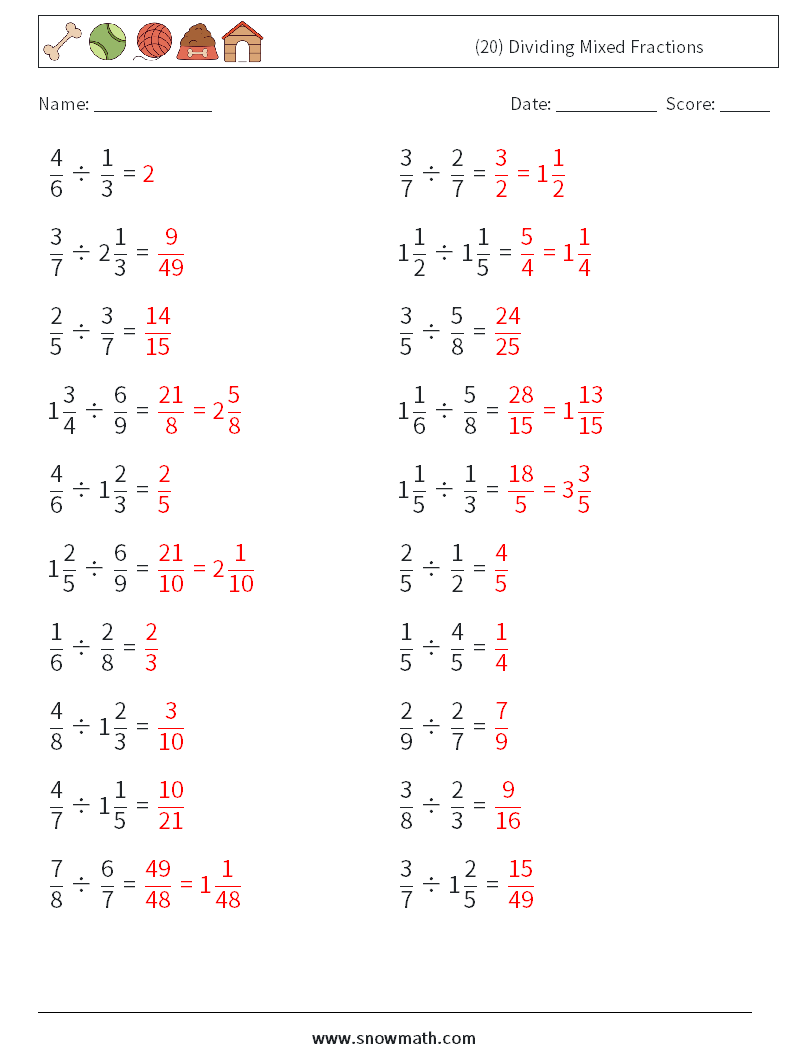 (20) Dividing Mixed Fractions Math Worksheets 13 Question, Answer