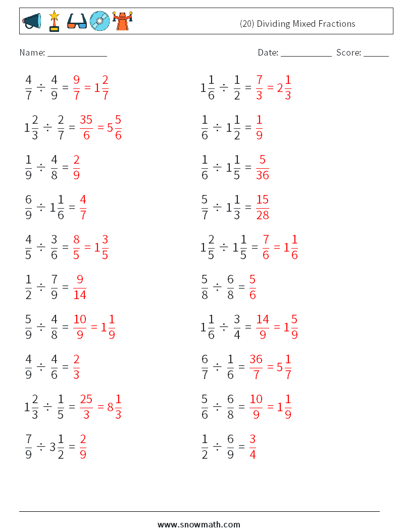 (20) Dividing Mixed Fractions Math Worksheets 14 Question, Answer
