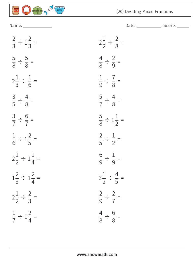 (20) Dividing Mixed Fractions Math Worksheets 15