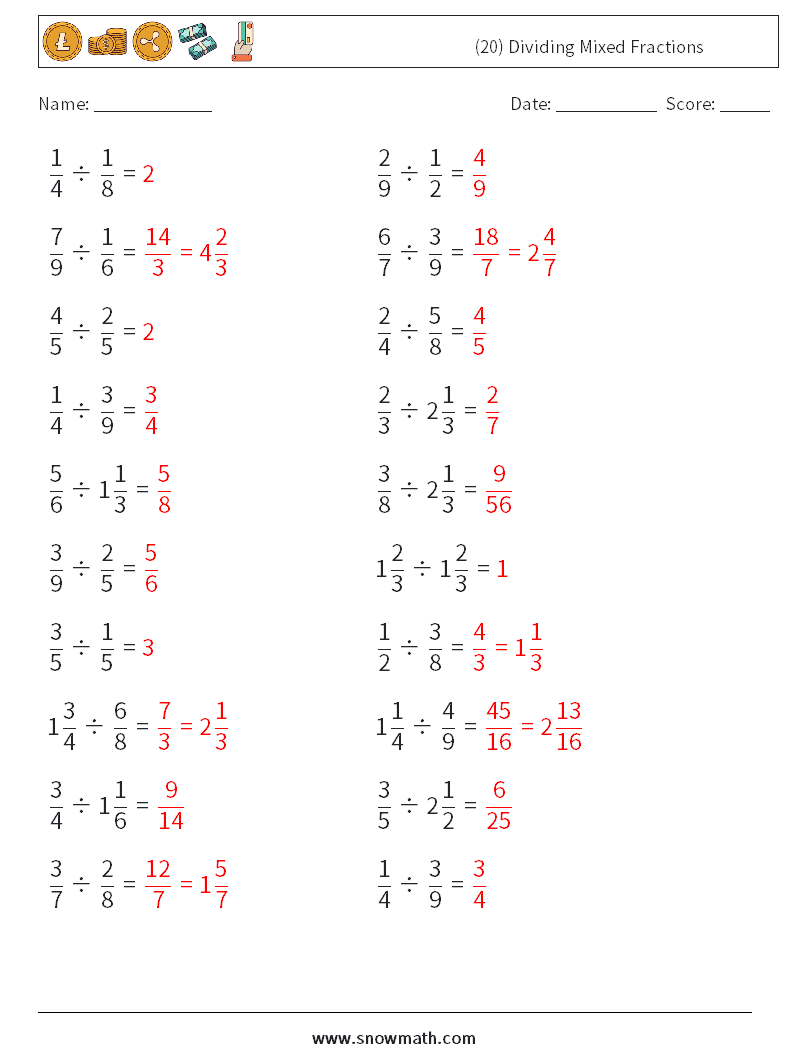(20) Dividing Mixed Fractions Math Worksheets 16 Question, Answer