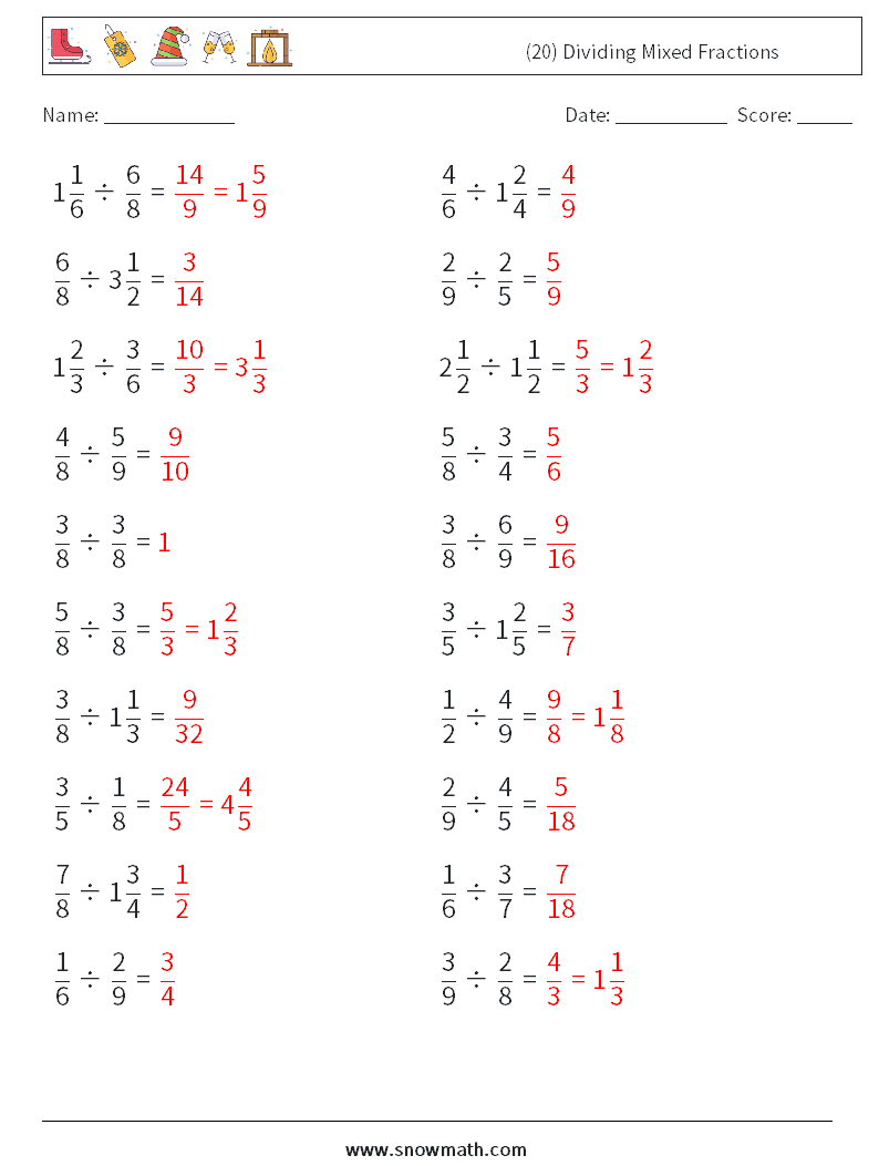 (20) Dividing Mixed Fractions Math Worksheets 17 Question, Answer