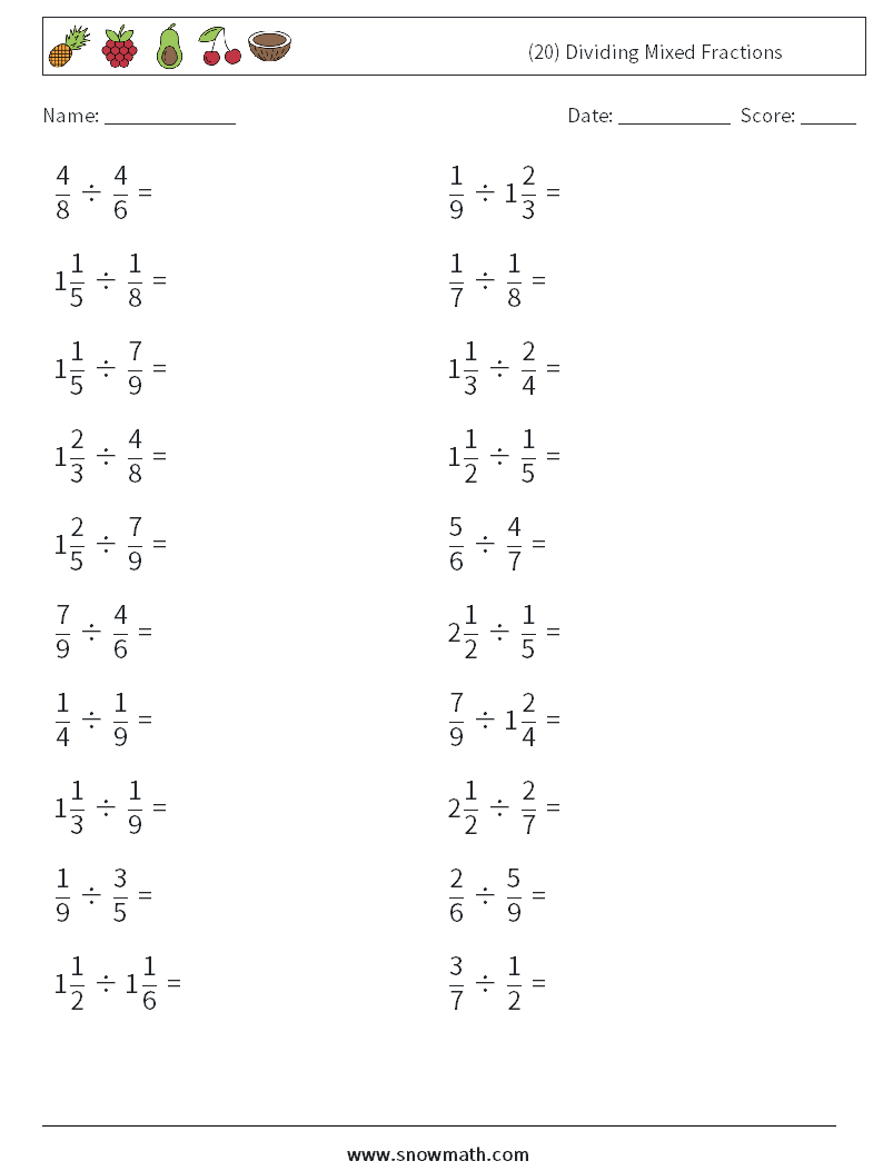 (20) Dividing Mixed Fractions Math Worksheets 18