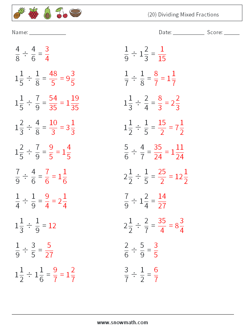 (20) Dividing Mixed Fractions Math Worksheets 18 Question, Answer