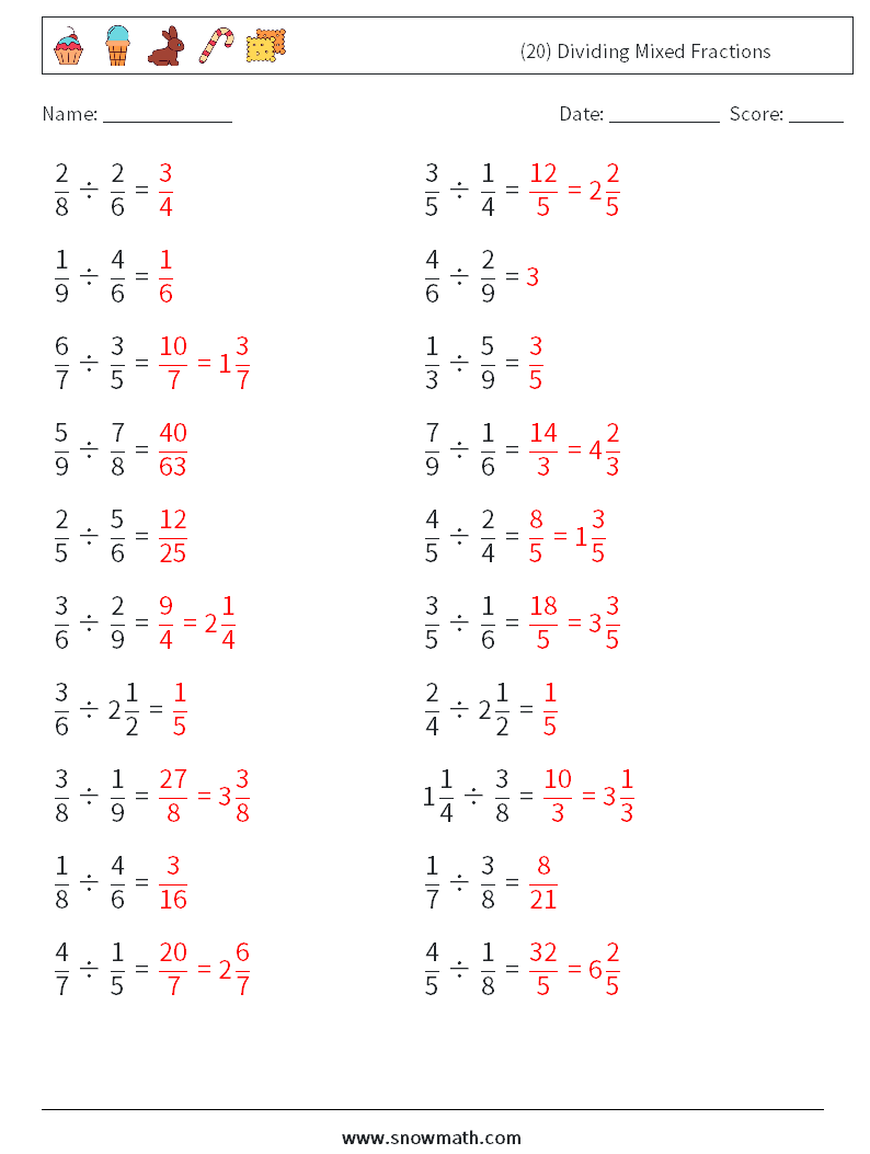 (20) Dividing Mixed Fractions Math Worksheets 1 Question, Answer