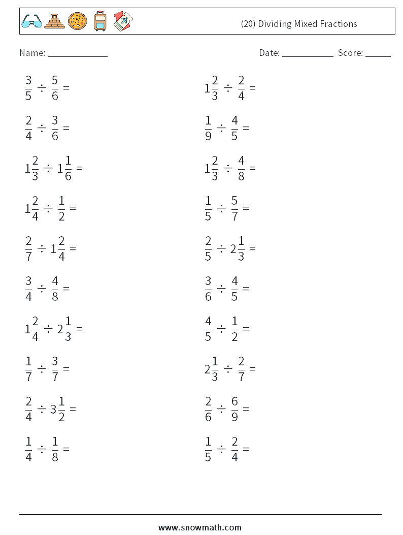 (20) Dividing Mixed Fractions Math Worksheets 2