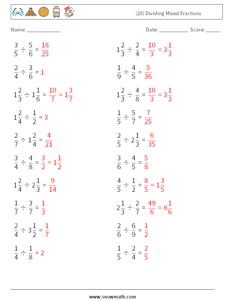 (20) Dividing Mixed Fractions Math Worksheets 2 Question, Answer