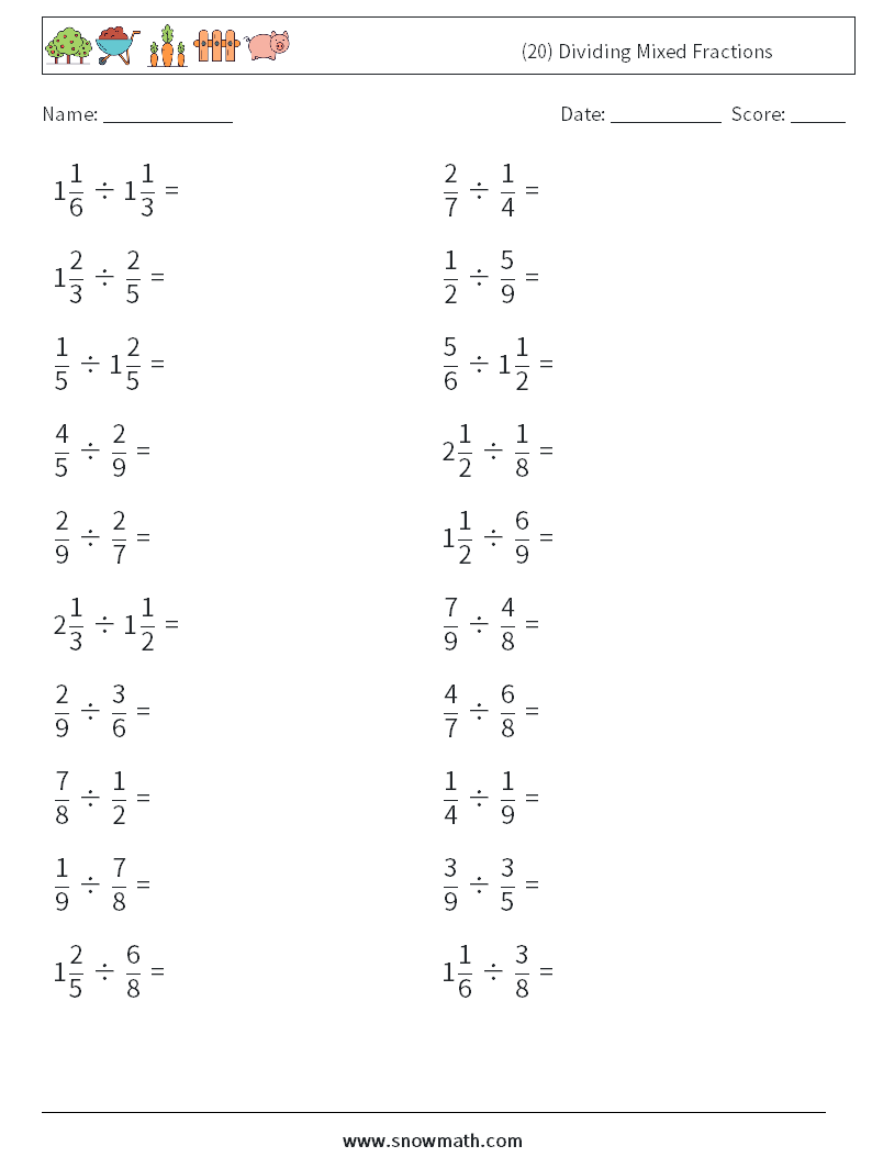 (20) Dividing Mixed Fractions Math Worksheets 3