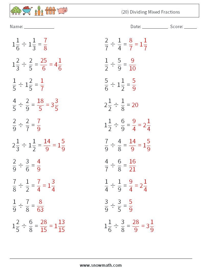 (20) Dividing Mixed Fractions Math Worksheets 3 Question, Answer