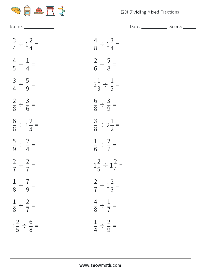 (20) Dividing Mixed Fractions Math Worksheets 4