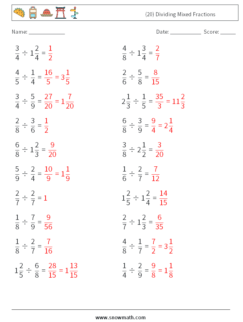 (20) Dividing Mixed Fractions Math Worksheets 4 Question, Answer